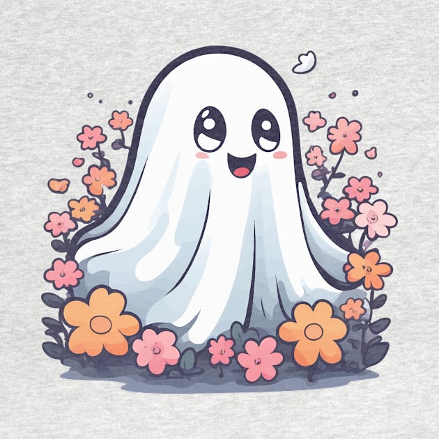 Kawaii Halloween Ghost in Floral Garden by Rishirt